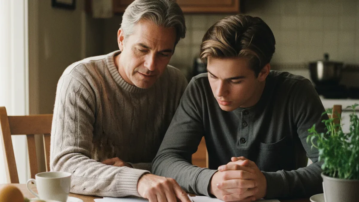 Parent in their 50s sitting at a kitchen table with their young adult child in their early 20s, looking over papers together in warm residential kitchen light