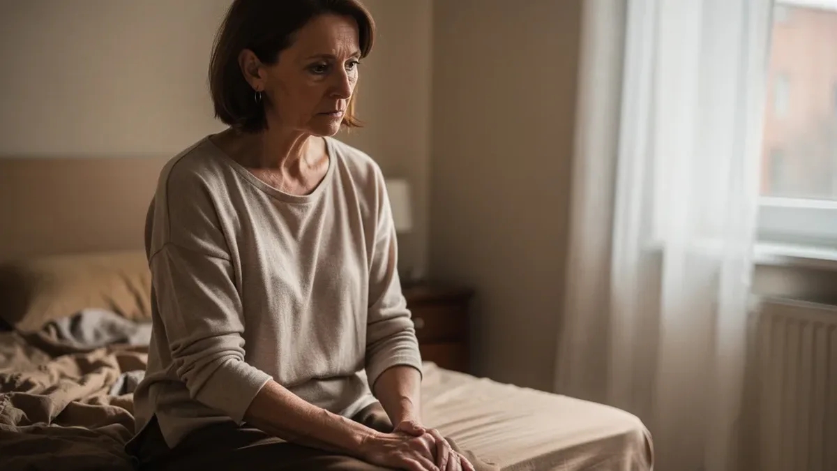 Woman in her fifties sitting on the edge of a bed in soft morning light, hands in her lap, looking down with a flat, tired expression