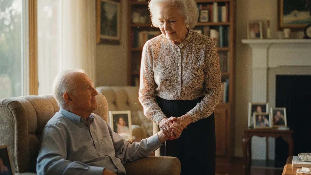 Older woman gently holding hands with her elderly husband seated in an armchair, quiet tender moment in a warm residential living room