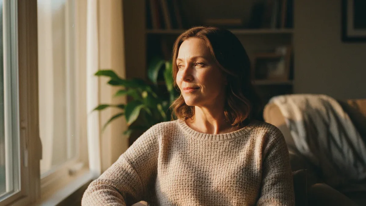 Woman sitting alone in a quiet living room near a window, looking out thoughtfully in warm afternoon light