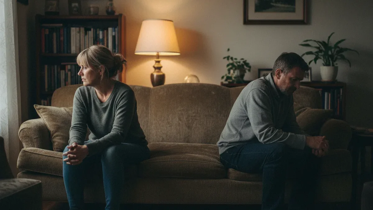 Couple in their 40s sitting at opposite ends of a couch in a residential living room, both looking away from each other, tired expressions, emotional distance visible