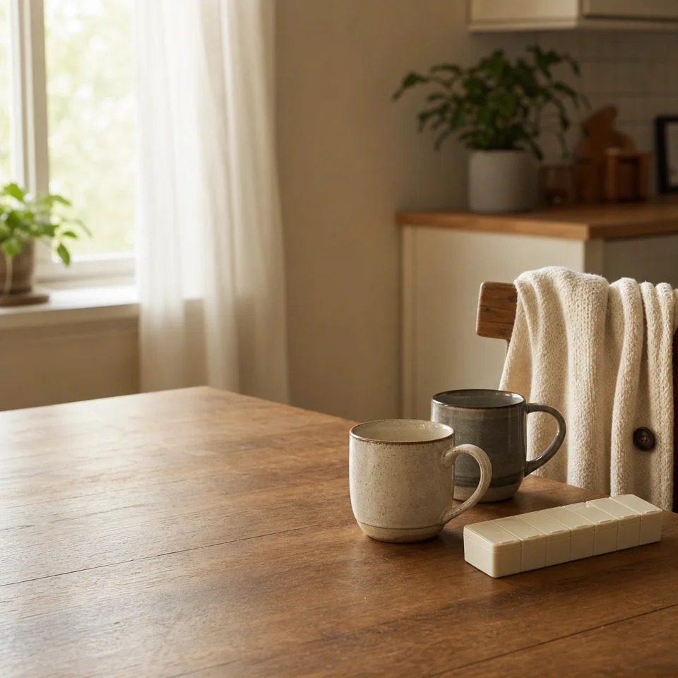 A warm kitchen table with two mugs, a closed pill organizer, and a cardigan on a chair